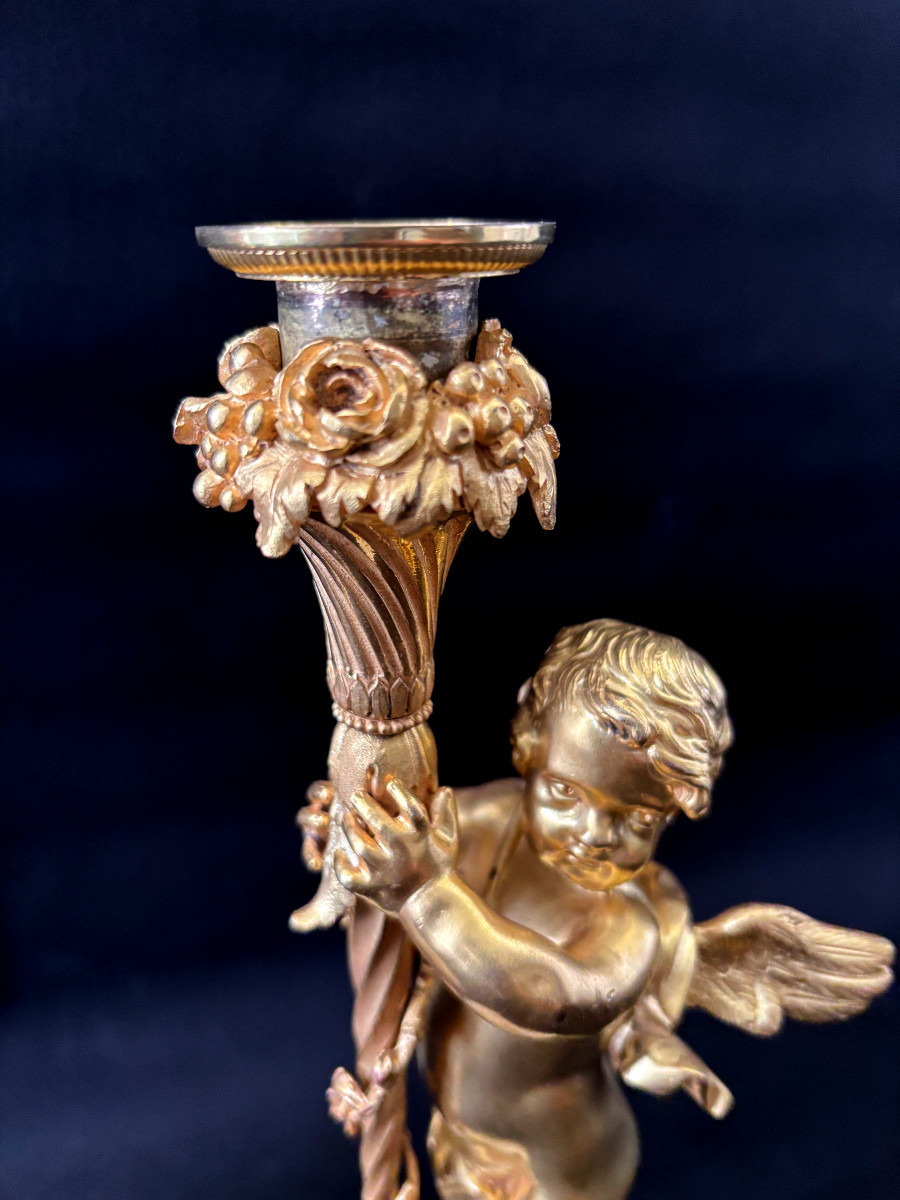 Pair Of Gilded Bronze Angelot Candlesticks-photo-4