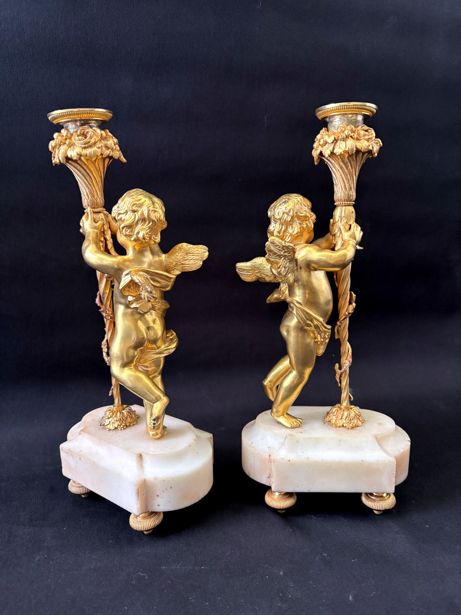Pair Of Gilded Bronze Angelot Candlesticks-photo-2