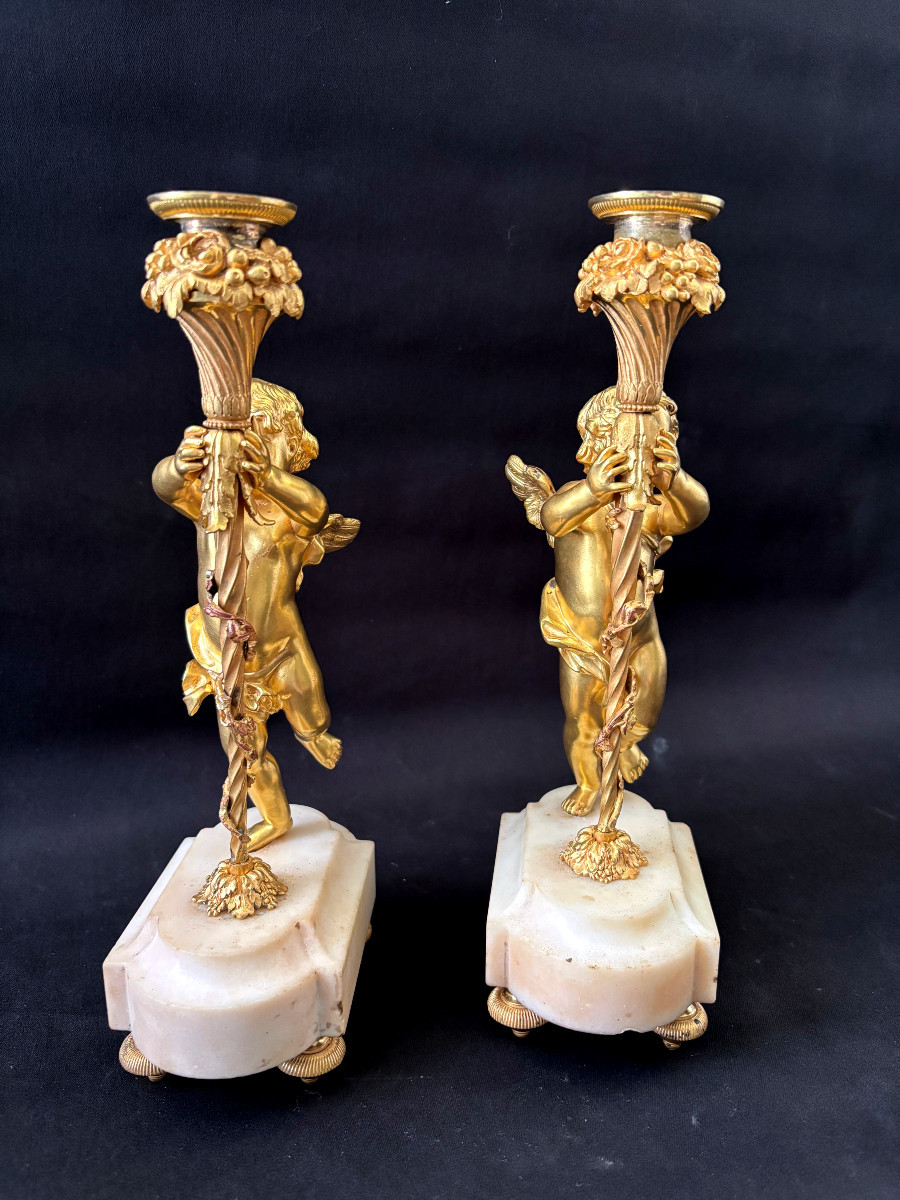 Pair Of Gilded Bronze Angelot Candlesticks-photo-3