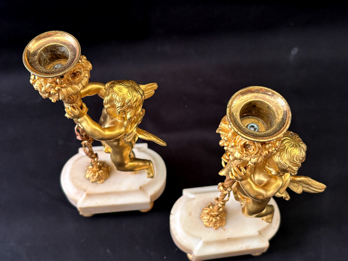 Pair Of Gilded Bronze Angelot Candlesticks-photo-6
