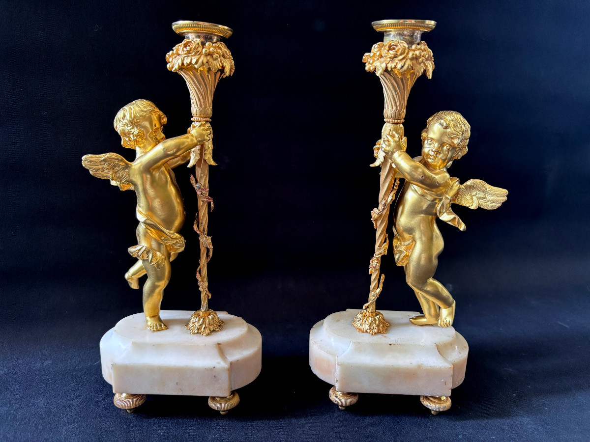 Pair Of Gilded Bronze Angelot Candlesticks