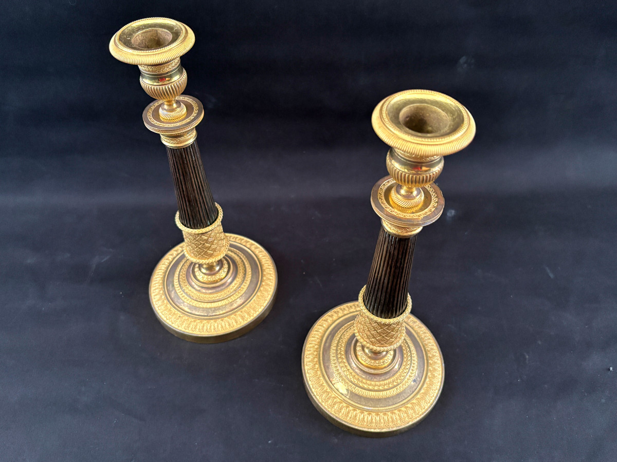 Pair Of Empire Candlesticks Signed Mene In Bronze Gilt And Antique Finish-photo-3