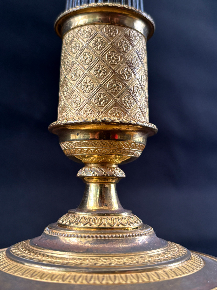 Pair Of Empire Candlesticks Signed Mene In Bronze Gilt And Antique Finish-photo-1