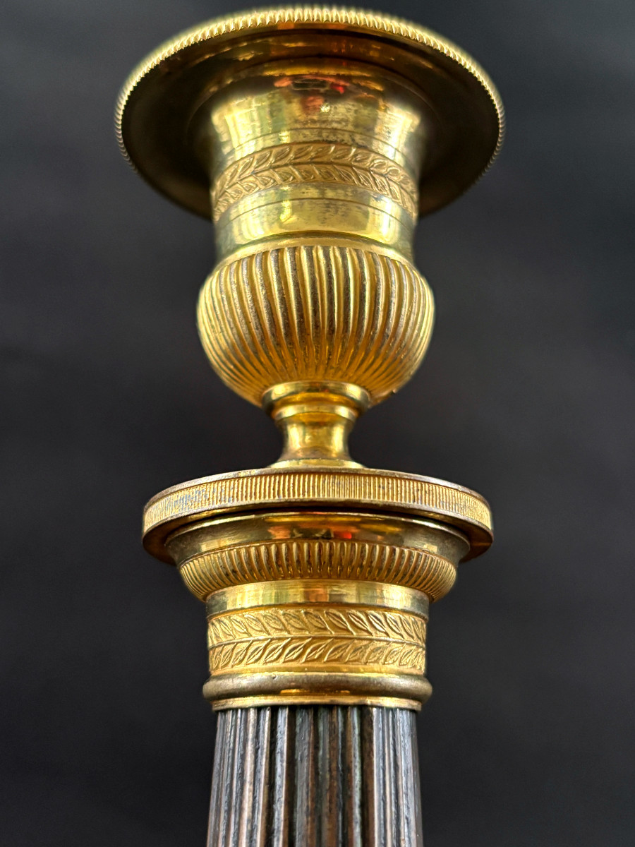 Pair Of Empire Candlesticks Signed Mene In Bronze Gilt And Antique Finish-photo-2