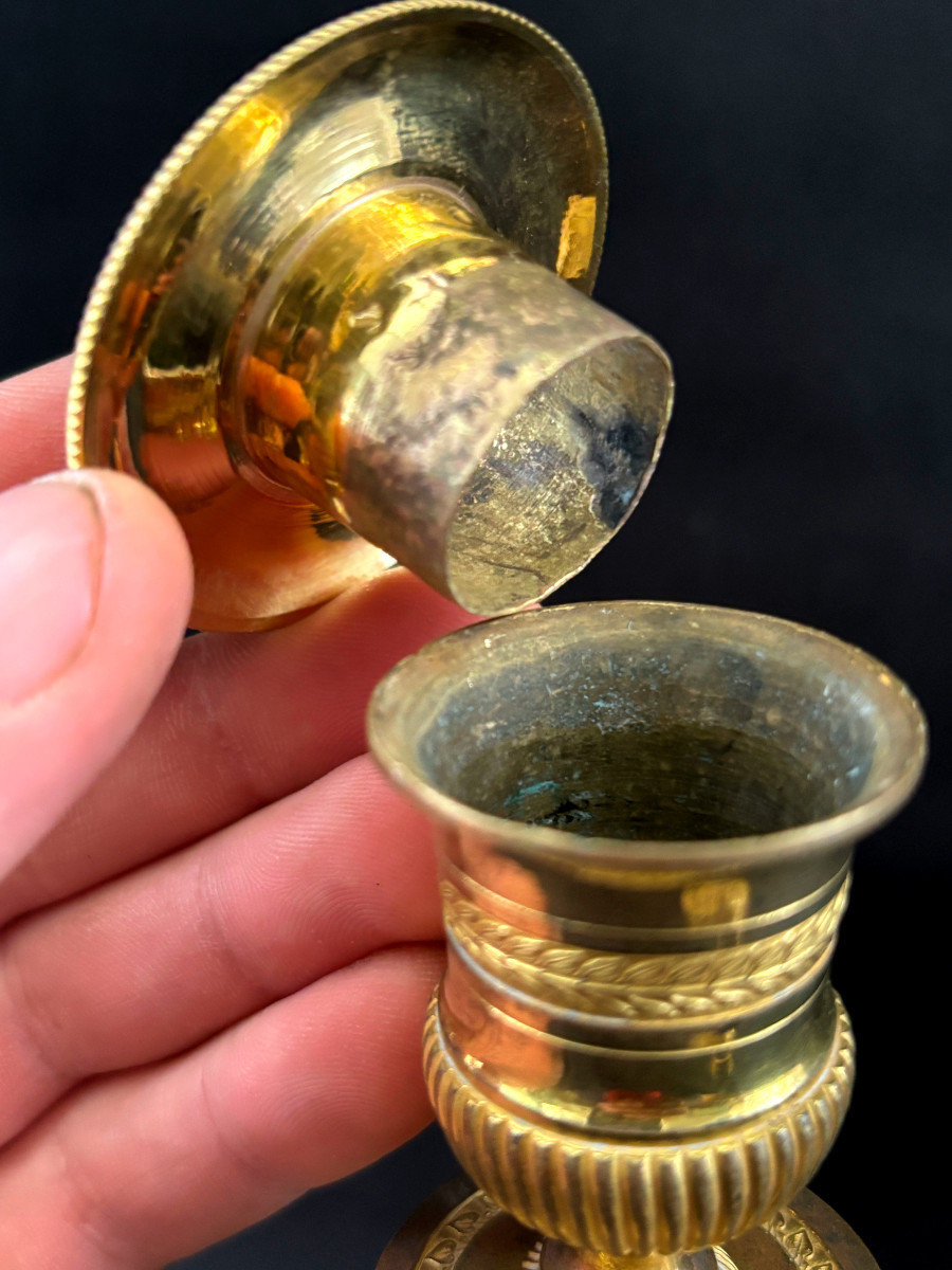 Pair Of Empire Candlesticks Signed Mene In Bronze Gilt And Antique Finish-photo-3