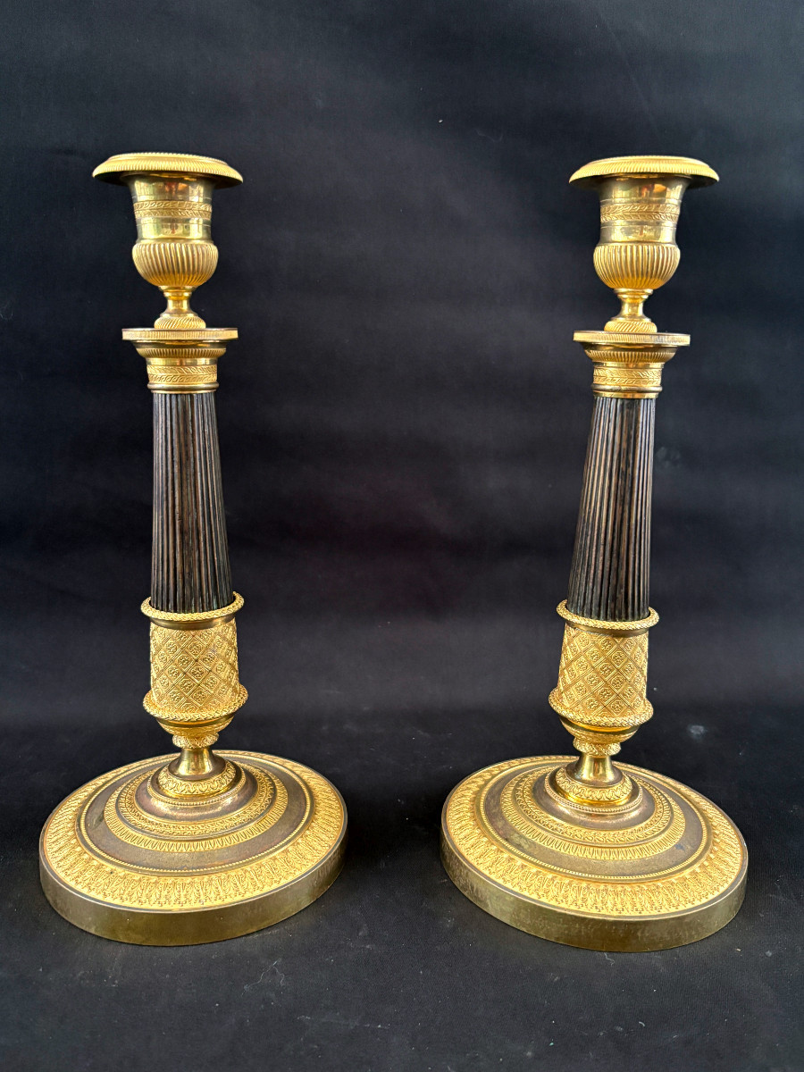 Pair Of Empire Candlesticks Signed Mene In Bronze Gilt And Antique Finish
