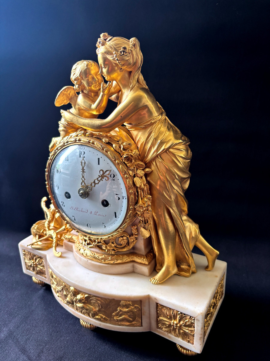 Pendule Louis XVI l'amour et l'amitié en bronze doré et marbre-photo-3
