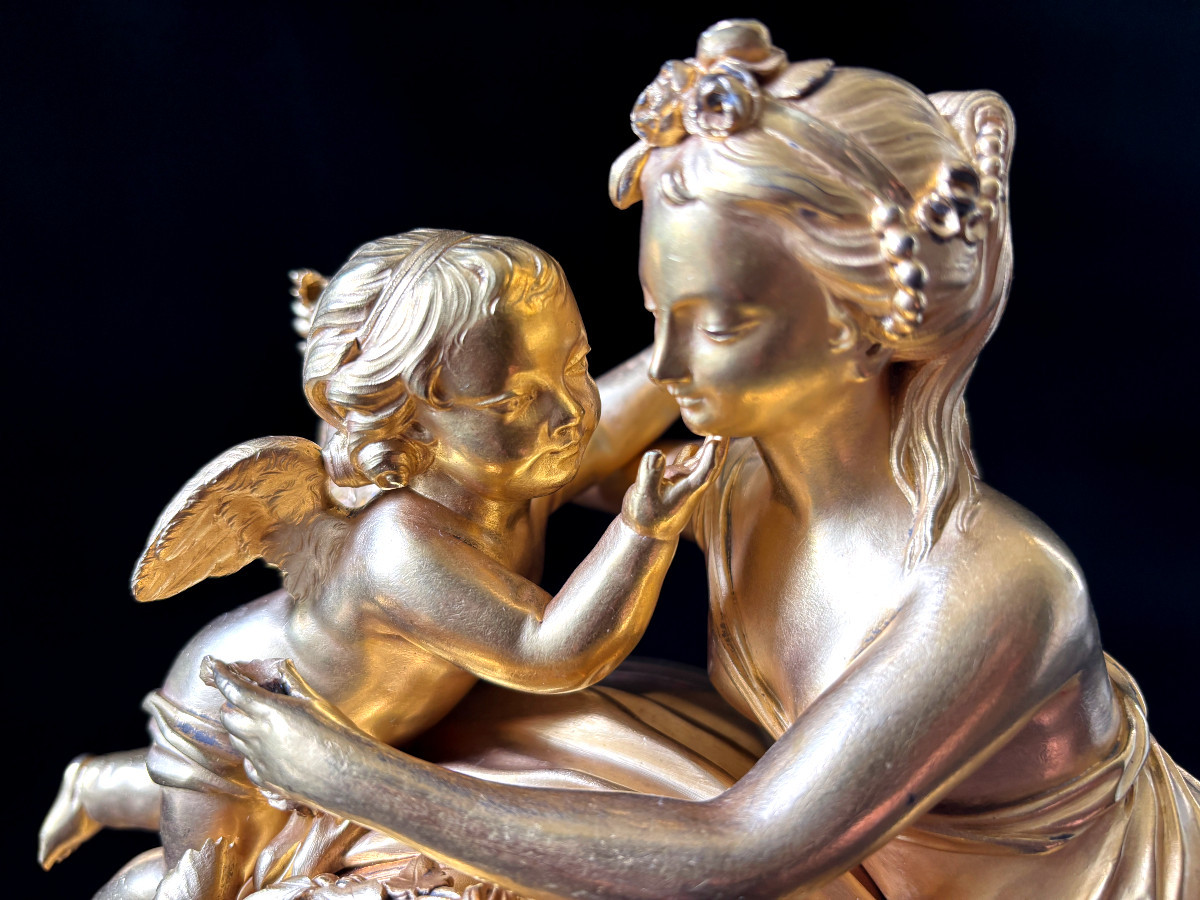 Pendule Louis XVI l'amour et l'amitié en bronze doré et marbre-photo-4