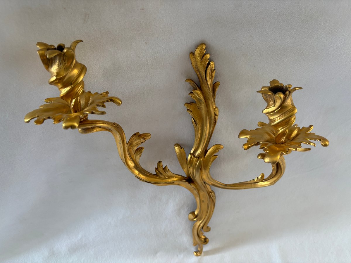 Paire d'appliques ancien travail style Louis XV en bronze doré-photo-4