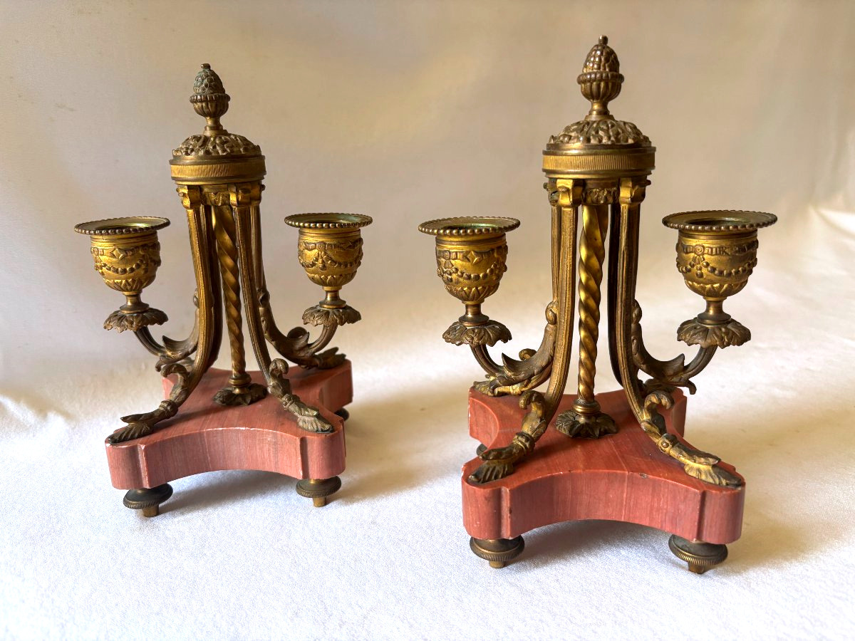 Paire de chandeliers de style Louis XVI en bronze doré et marbre rose-photo-2