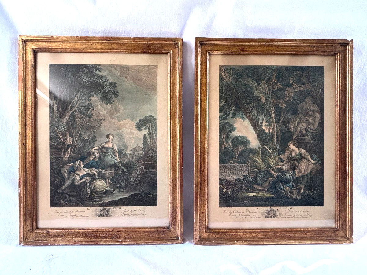 Pair Of Engravings: Hunting And Fishing