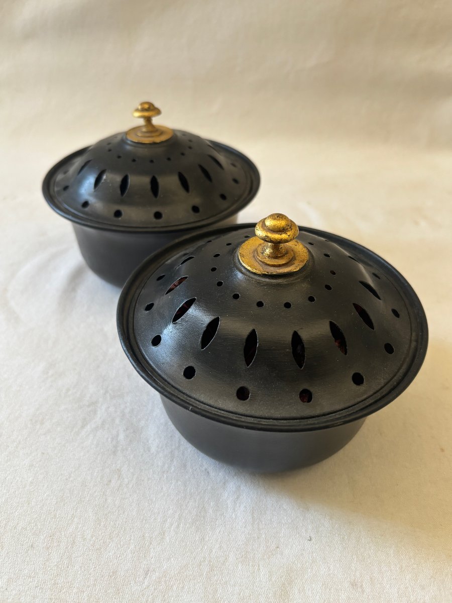 Pair Of Painted Tin Potpourri Jars-photo-2