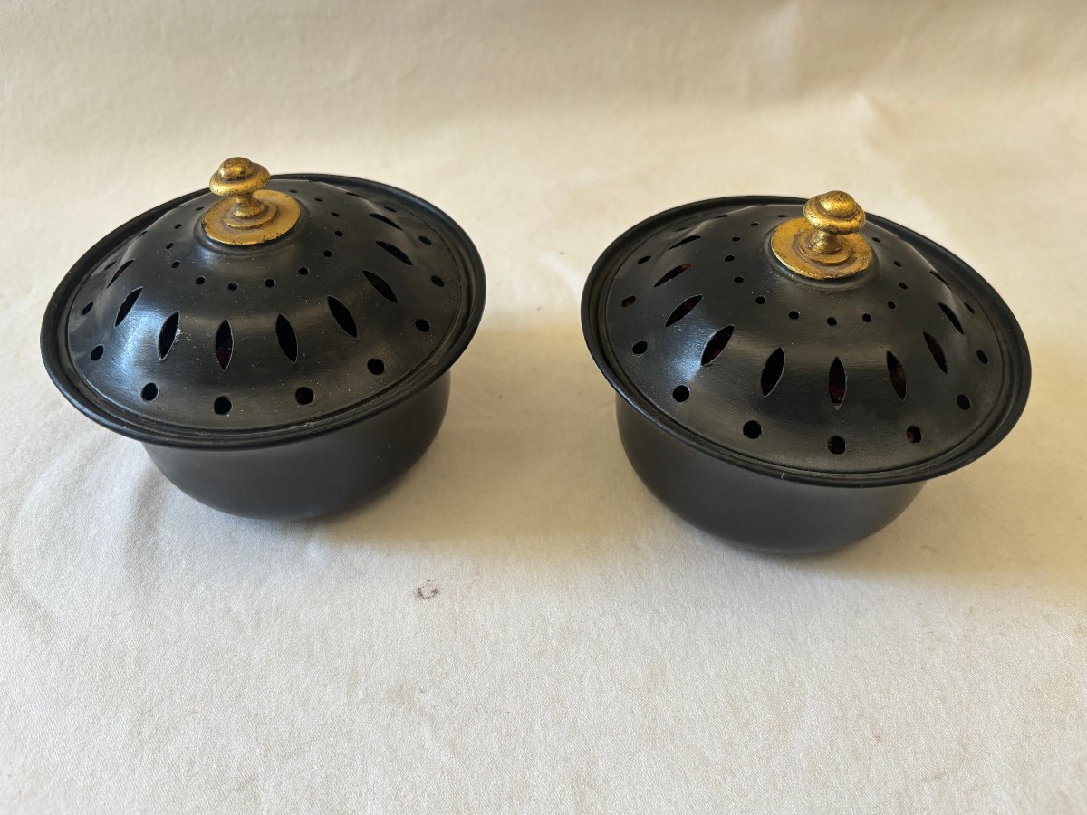 Pair Of Painted Tin Potpourri Jars