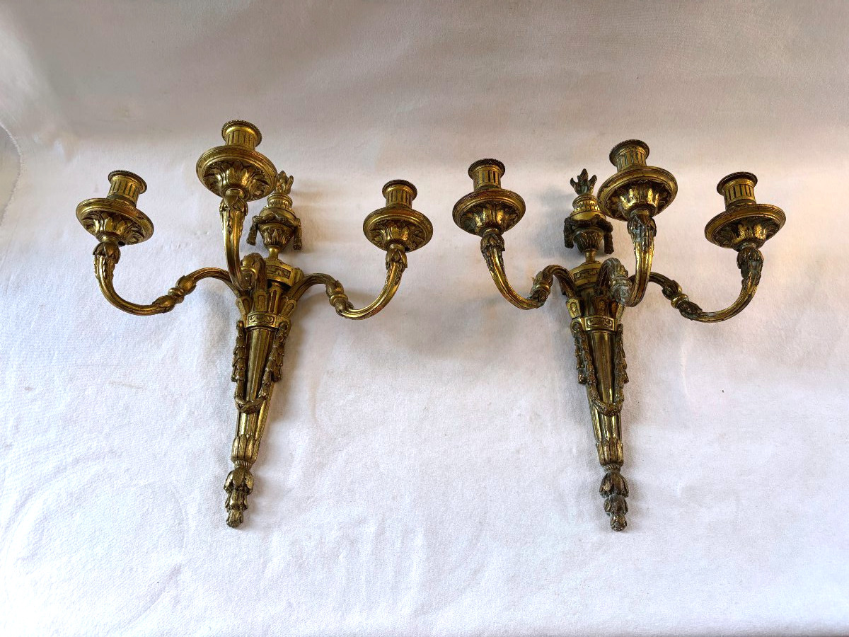 Paire d'appliques en bronze doré de style Louis XVI-photo-6
