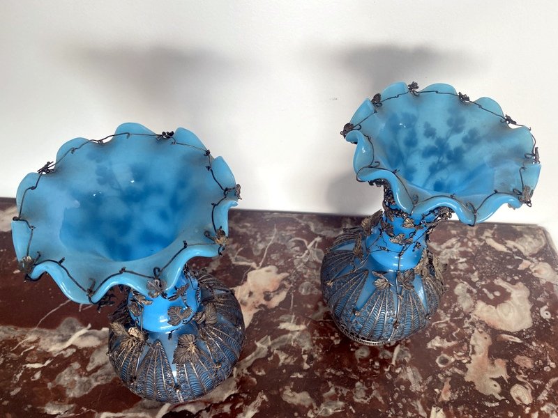 Pair Of Blue Opaline Vases And Silver Frame-photo-4