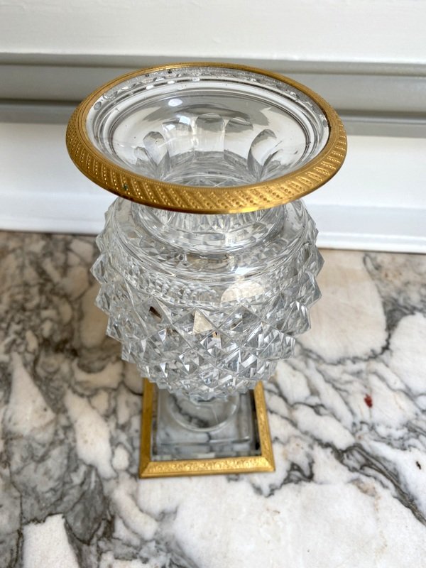 Vase d'époque Empire En Cristal Taillé Et Bronze Doré-photo-3