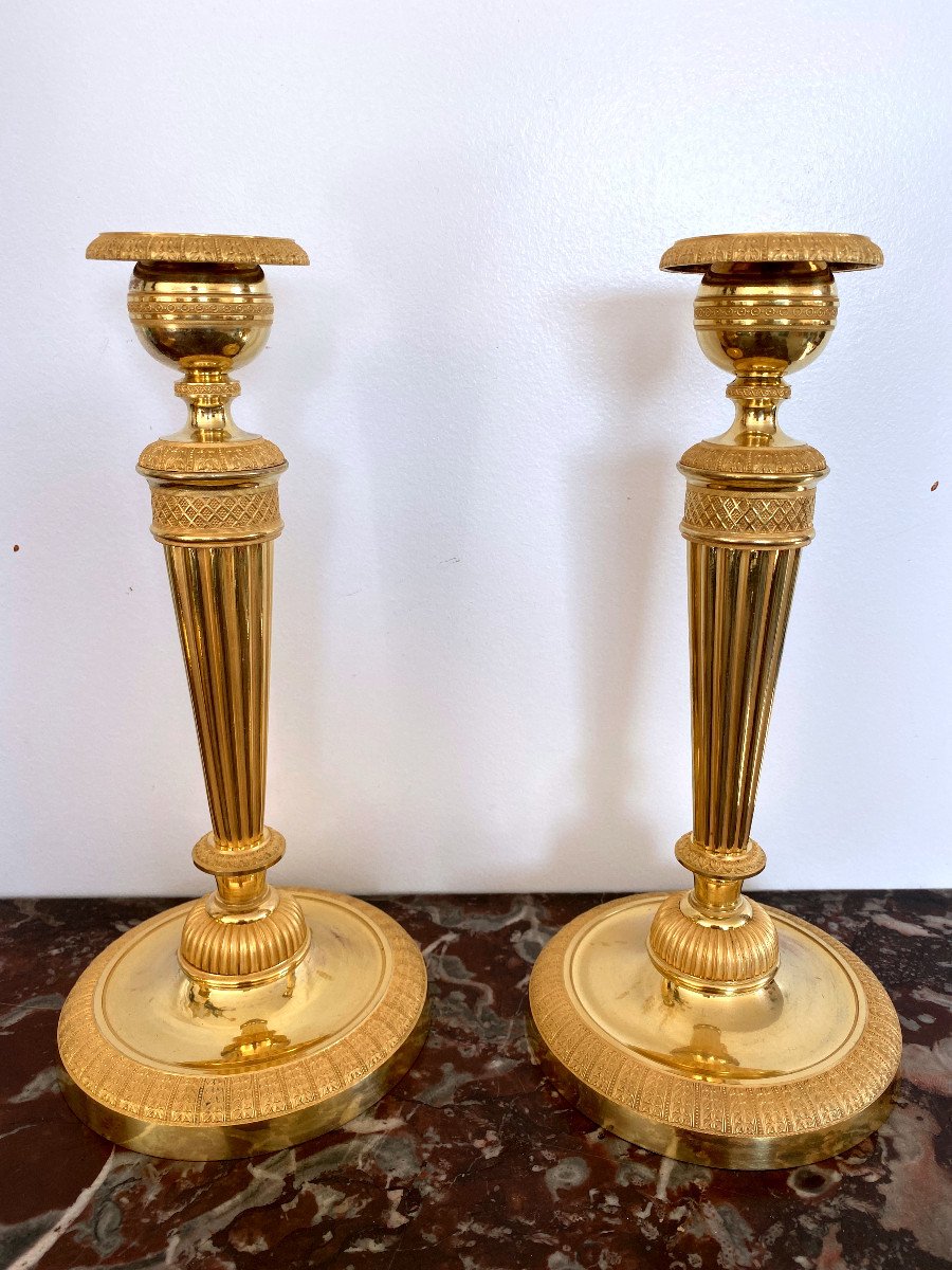 Pair Of Empire Period Candlesticks In Gilt Bronze-photo-2