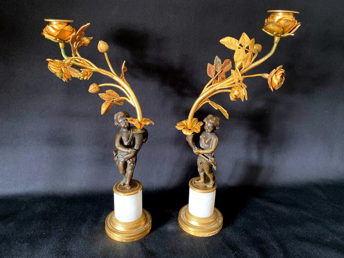 Pair Of Gilt And Patinated Bronze Candlesticks-photo-2