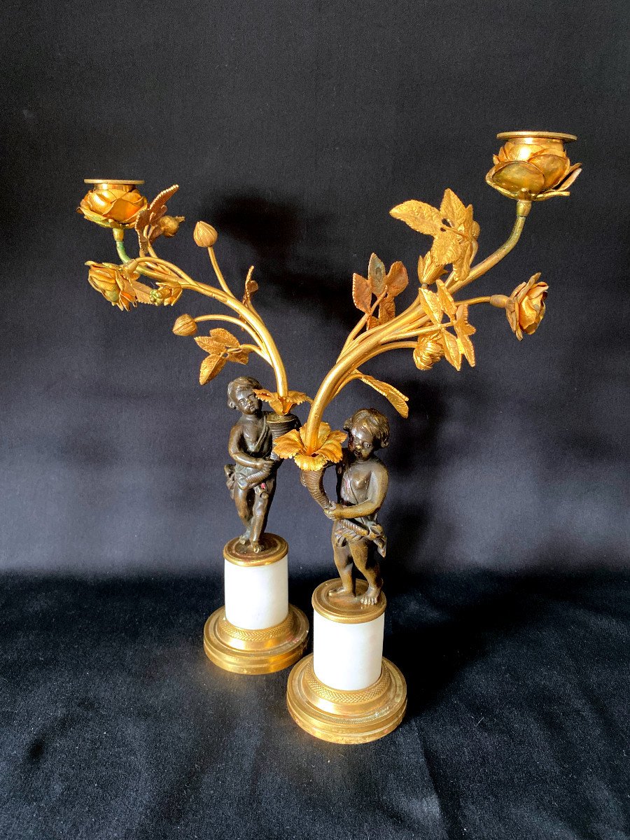 Pair Of Gilt And Patinated Bronze Candlesticks-photo-3