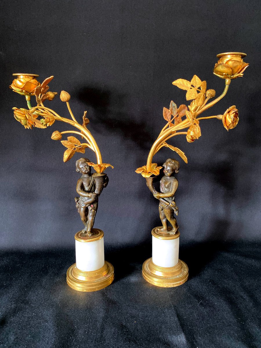 Pair Of Gilt And Patinated Bronze Candlesticks