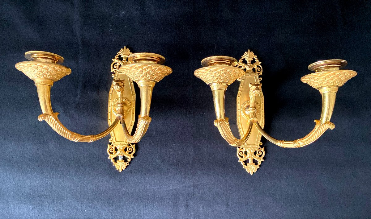 Pair Of Empire Sconces Attributed To Feuchère In Gilt Bronze-photo-2