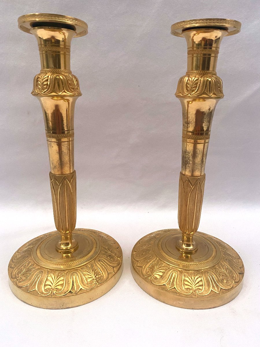 Pair Of Empire Candlesticks In Gilt Bronze-photo-2