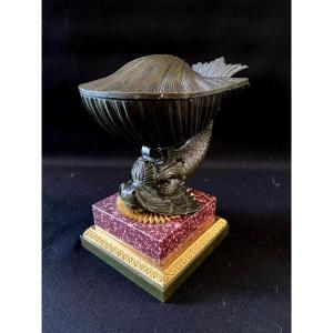 Empire Inkwell With Dolphin In Gilt Bronze