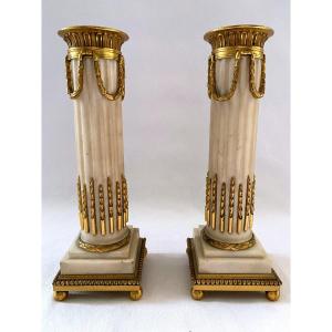 Pair Of Candlesticks In Marble And Gilt Bronze Louis XVI Style