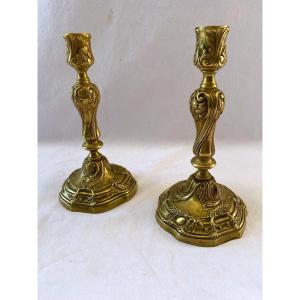 Pair Of Louis XV Style Candlesticks In Gilt Bronze