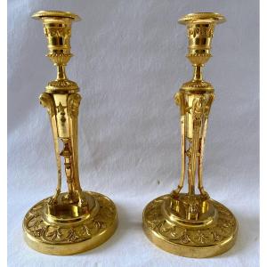 Pair Of Empire Candlesticks In Gilt Bronze