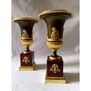 Empire Cassolettes In Gilt Bronze And Marble