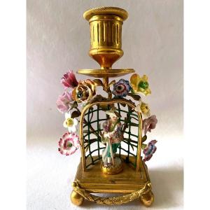 Transition Hand Candlestick In Gilt Bronze And Porcelain Flowers