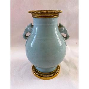 Chinese Celadon Porcelain Vase Mounted Gilt Bronze