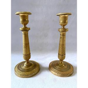 Pair Of Empire Candlesticks In Gilt Bronze