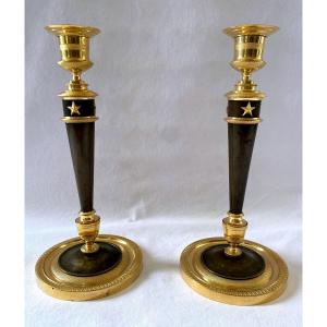 Empire Candlesticks By Claude Galle In Gilt And Patinated Bronze