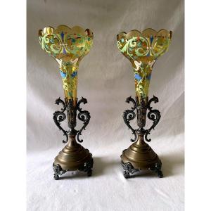 Pair Of Cornet Vases In Enameled Crystal