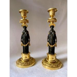 Attributed To Thomire Pair Of Candlesticks With Vestal Virgins In Gilt Bronze