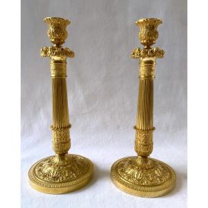 Paire De Bougeoirs Charles X En Bronze Doré
