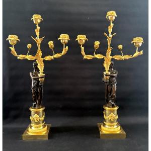 Large Pair Of Antique Candelabras In Gilt Bronze And Antique Patina