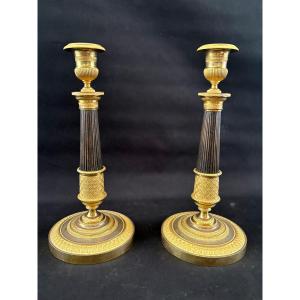 Pair Of Empire Candlesticks Signed Mene In Bronze Gilt And Antique Finish