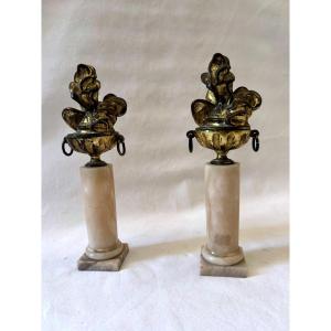 Pair Of Gilded Bronze And Marble Fire Pots