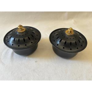 Pair Of Painted Tin Potpourri Jars