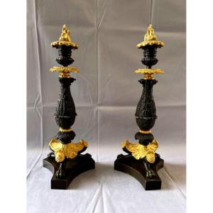 Large Pair Of Restoration-era Bronze Candlesticks With A Double Patina