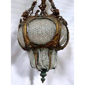 Lustre Napoléon III en bronze et pampilles