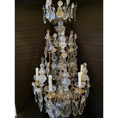 Lustre Cage d'époque Louis XV En Bronze Doré Et Cristal