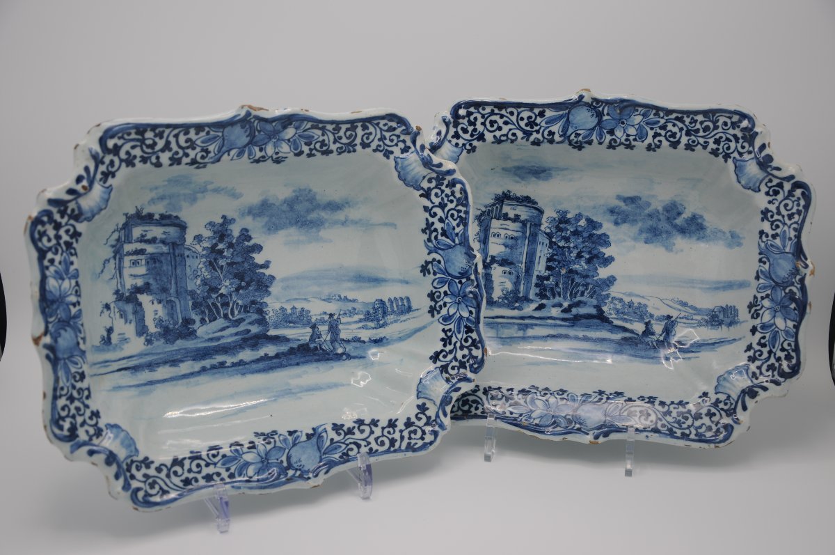 Paire de saladiers rococo en faïence de Delft à décor de paysage italien, milieu du XVIII-photo-2