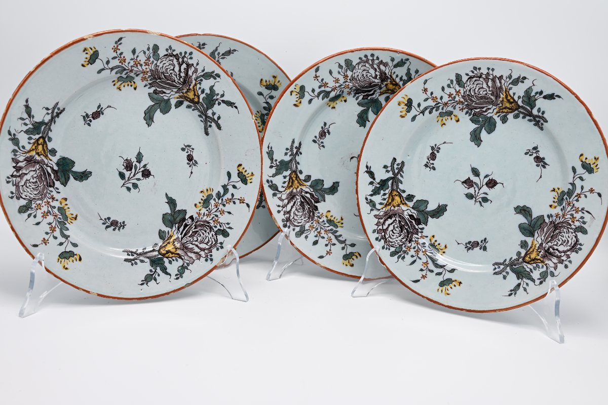 Set Of 4 Polychrome Delft Earthenware Plates With Floral Decoration, Mid-18th Century-photo-2