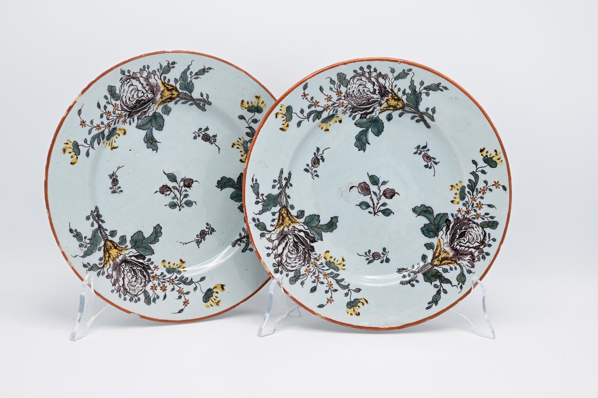 Set Of 4 Polychrome Delft Earthenware Plates With Floral Decoration, Mid-18th Century-photo-3