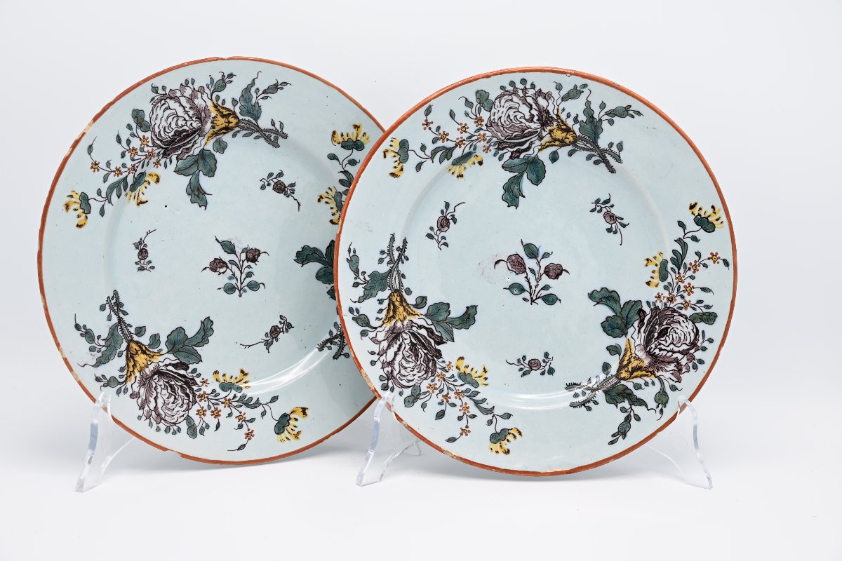 Set Of 4 Polychrome Delft Earthenware Plates With Floral Decoration, Mid-18th Century-photo-4