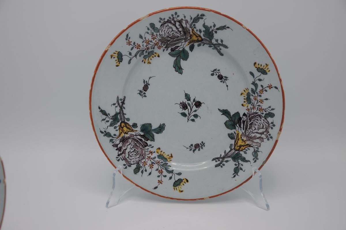 Set Of 4 Polychrome Delft Earthenware Plates With Floral Decoration, Mid-18th Century-photo-1